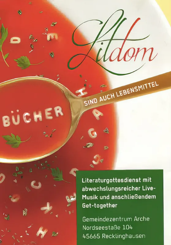 Ein Foto mit einem schwarz weisem Hund mit roter Brille und einer grünroten Schrift Litdom