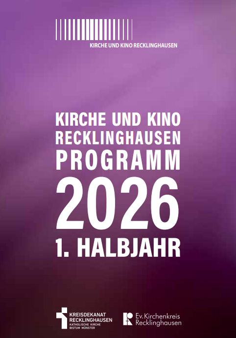 Auf dem Bild sieht man auf dem Lilahintergrund die weiße Schrift Kirche und Kino Recklinghausen Prgraomm 2025 2. Halbjahr