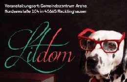 Ein Foto mit einem schwarz weisem Hund mit roter Brille und einer grünroten Schrift Litdom