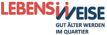 Auf dem Bild siieht man ein Logo mit roten und blauen Schrift LebenswWeise gut Älter werden im Quartier