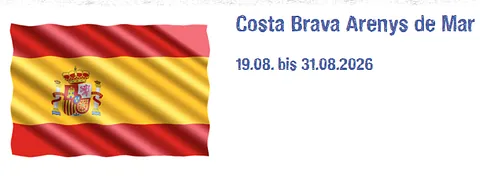 Auf dem Bild sieht man eine Fahne von Spanien in Farben rot gelb rot und daneben setht Costa Brava Arenys de Mar vom 19.08. bis 31.08.2026.2026
