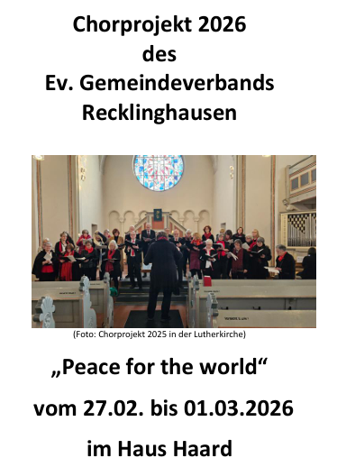 Auf dem Foto ist Flyer zum Chorprojekt 2026 und einem Foto von Sängerinnen und Sänger zu sehen