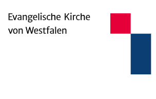 Es ist ein Logo von der Evangelischen Kirche von Westfalen ein roter Quadrat und ein blauer Rechneck zu sehen